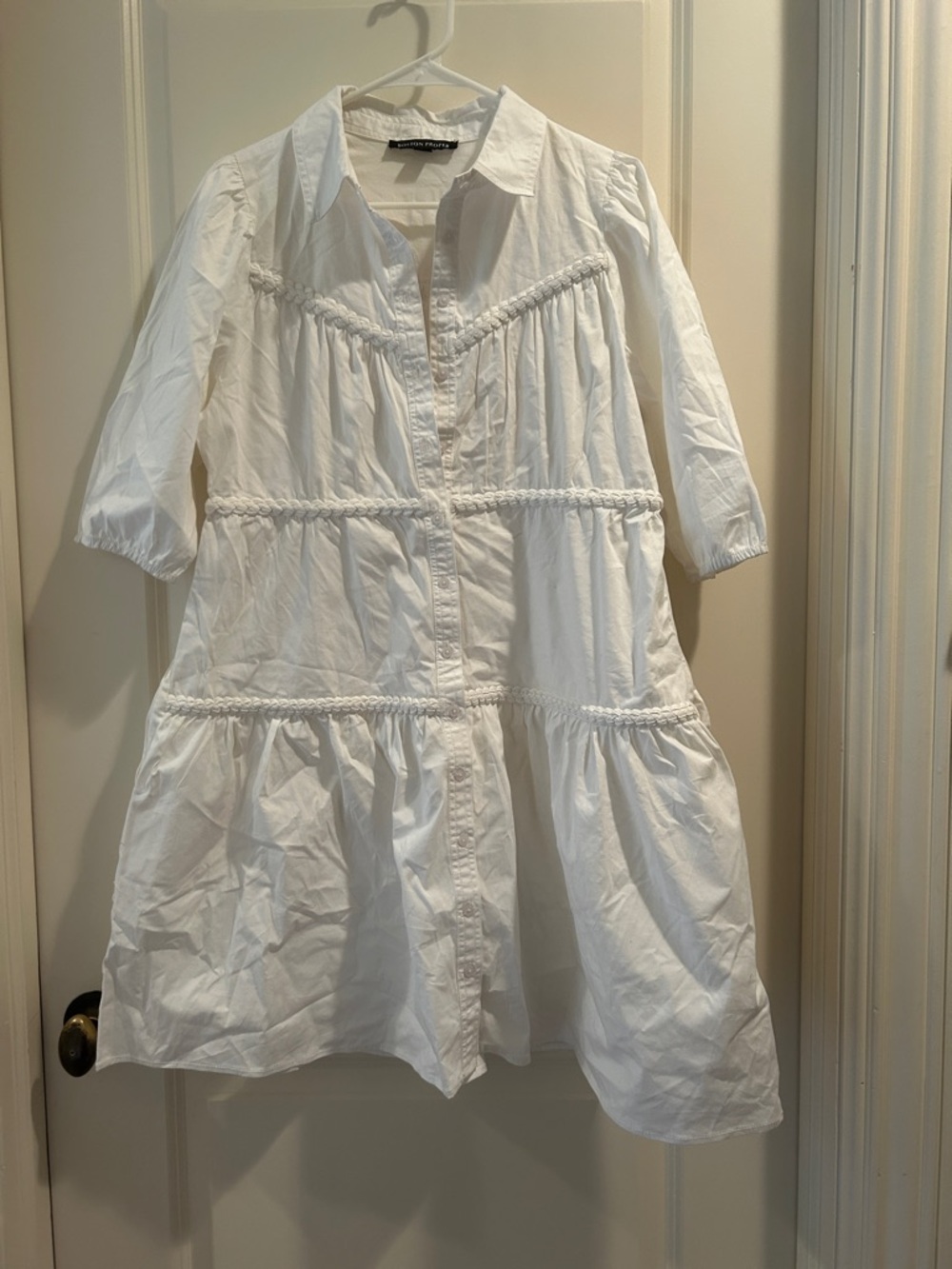 Boston Proper White Tiered Button Ruffle  Shirt Dress 3/4 puffy sleeve pockets M